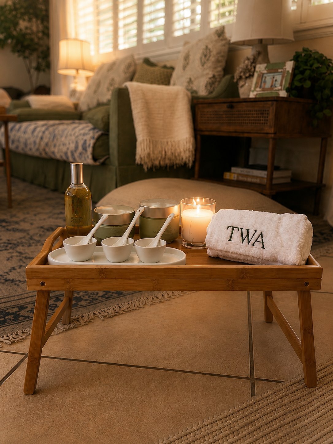 Wellness tray with candles and monogrammed towel arranged in a private living room