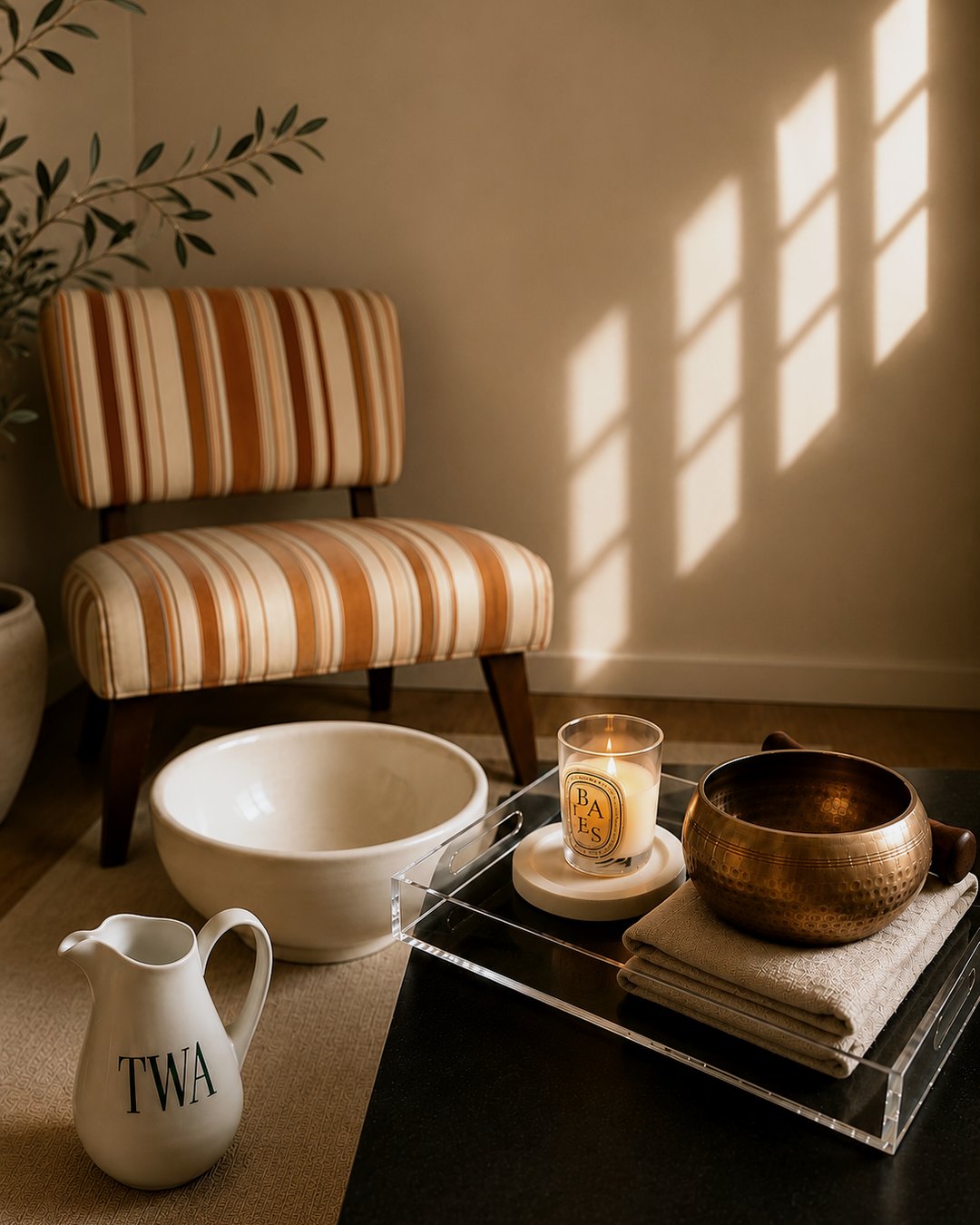 Atelier tray with candle, copper singing bowl and monogrammed pitcher in warm afternoon light